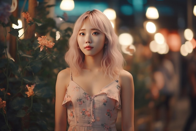 Asian woman in a pink dress stands in front of a tree with lights in the background