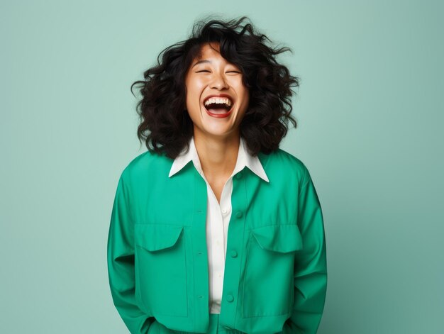 Photo asian woman in playful pose on solid background