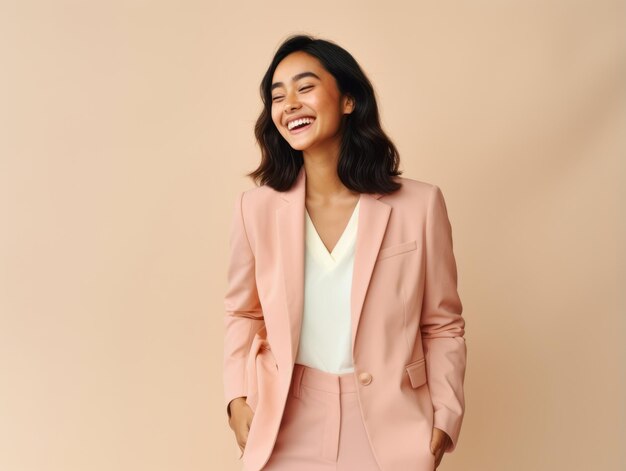 Asian woman in playful pose on solid background