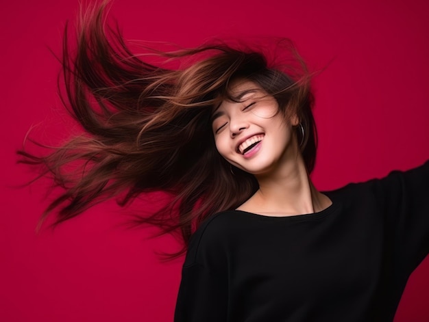 Asian woman in playful pose on solid background