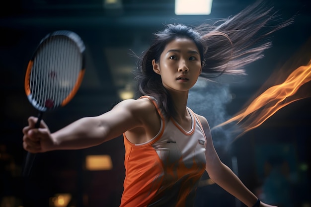 Foto donna asiatica che gioca a badminton