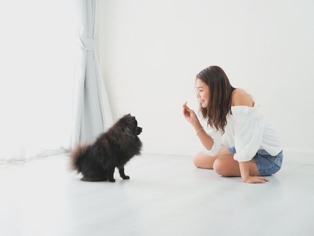 Asian woman playing with little dog black color in living room lifestyle girl with pet