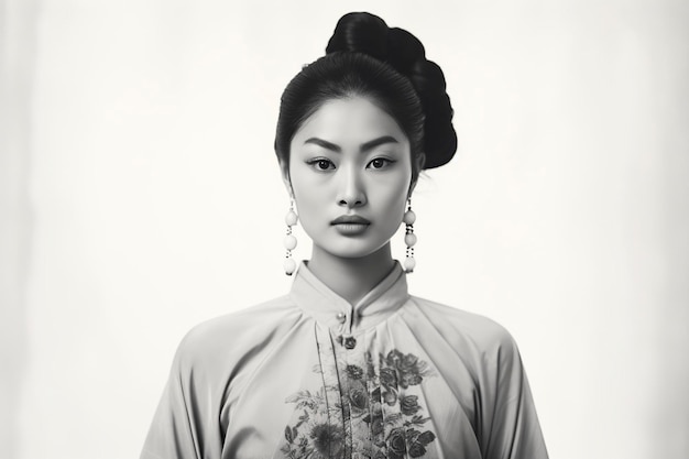 asian woman posing in black and white vintage in front of the old camera