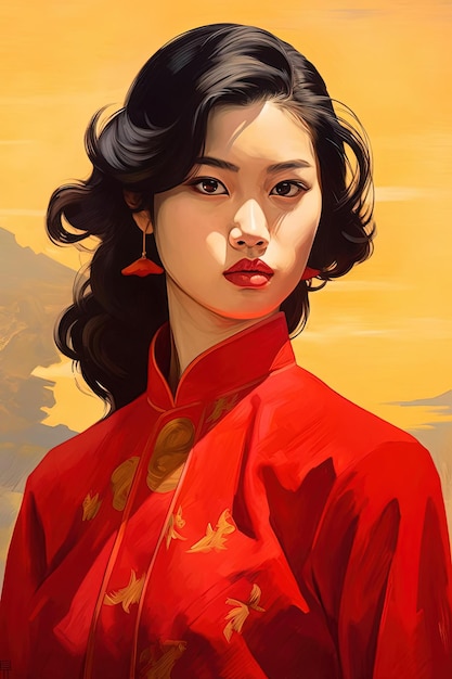 Photo asian woman poster in the style of red and gold
