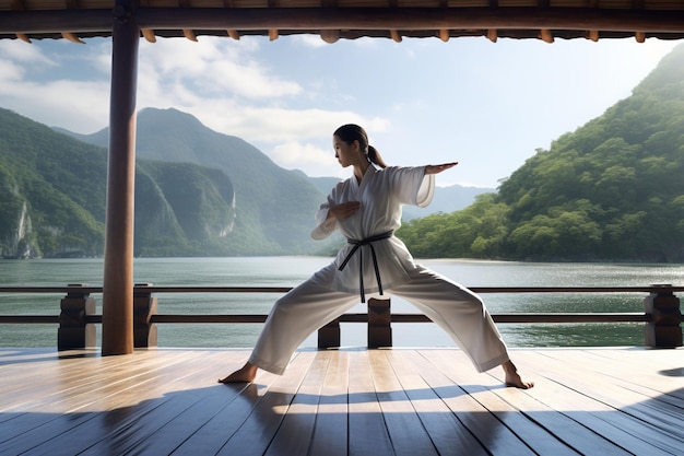 Asian woman practicing martial arts in a scenic Generative ai