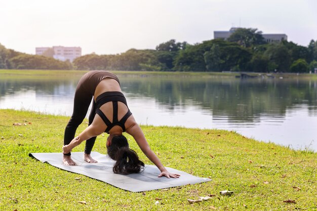 DownwardFacing Dog Adho Mukha Svanasana 포즈를 하 고 요가 연습 하는 아시아 여자