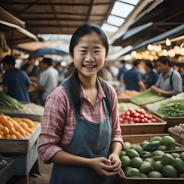 Photo asian woman produce vendor