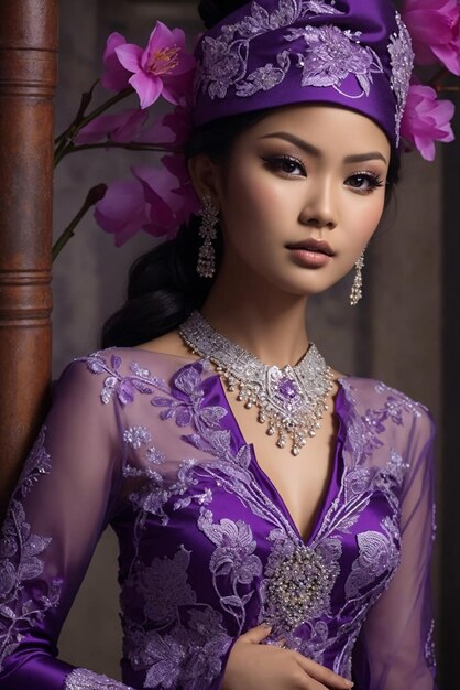 Foto donna asiatica in kebaya viola