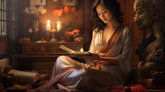 Asian woman reading lifestyle at home Sexy woman in sleep dress Reading before sleep copy space for text