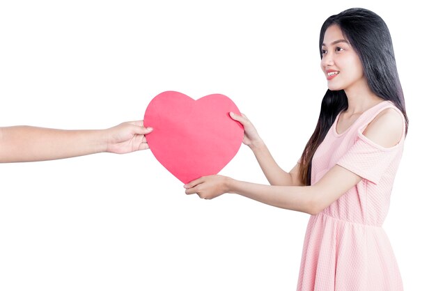 Asian woman receive red hearts isolated over white background