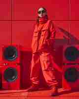 Photo asian woman in red baggy outfit posing in front of red wall with speaker