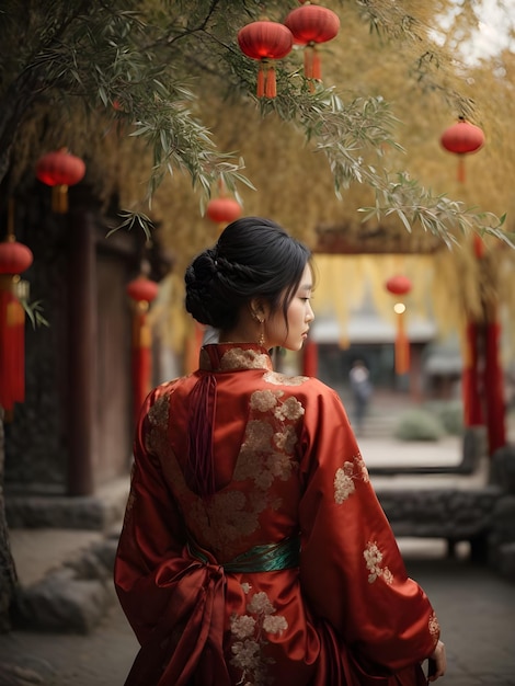 Foto donna asiatica in abito rosso cheongsam nel tempio per il capodanno cinese