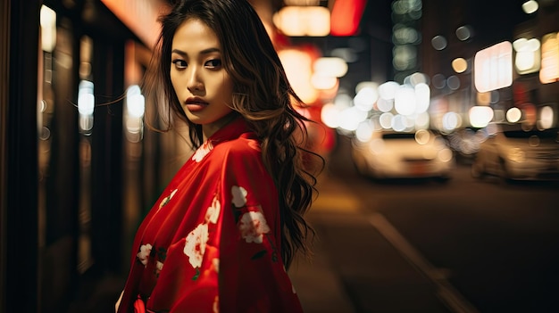 赤いキモノを着たアジア人女性が街で夜に