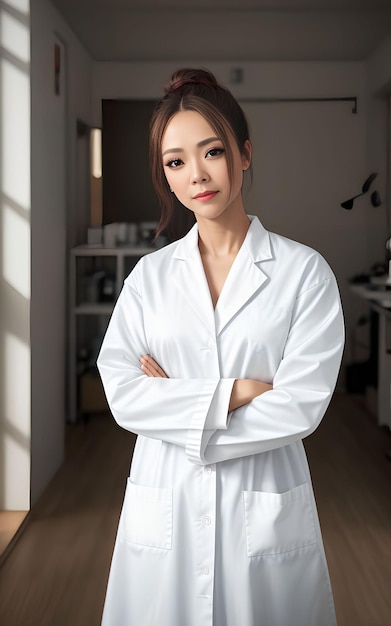 Asian woman researcher scientist wearing lab coat Generative AI