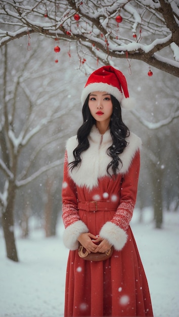 冬のサンタクロースの帽子をかぶったアジア人女性柔らかい雪花がゆっくりと落ちる
