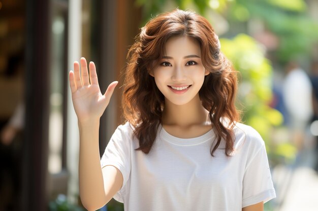 Asian woman saying hello wearing white tshirt smiling on blurred background