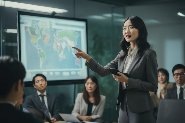 An Asian woman scientist giving a presentation to a group of colleagues