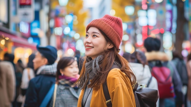 Asian woman shopping in the Shibuya district Tokyo Japan with the crowd of people walking in the city Attractive girl enjoys and fun outdoor lifestyle travel city in autumn holiday vacation