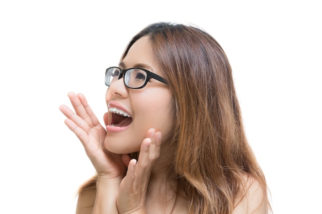 Asian woman shouting with smiling face