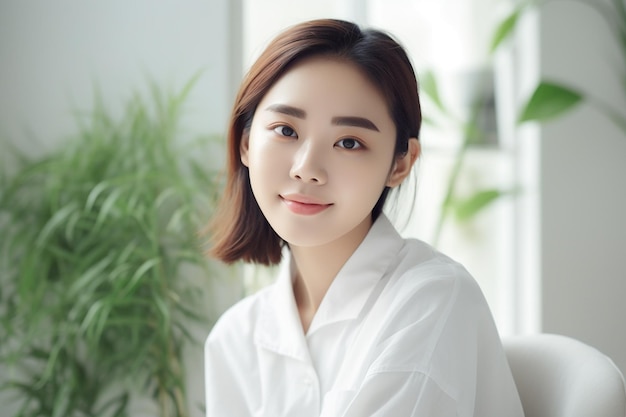 Asian woman sits in a white chair in front of a window and smiles