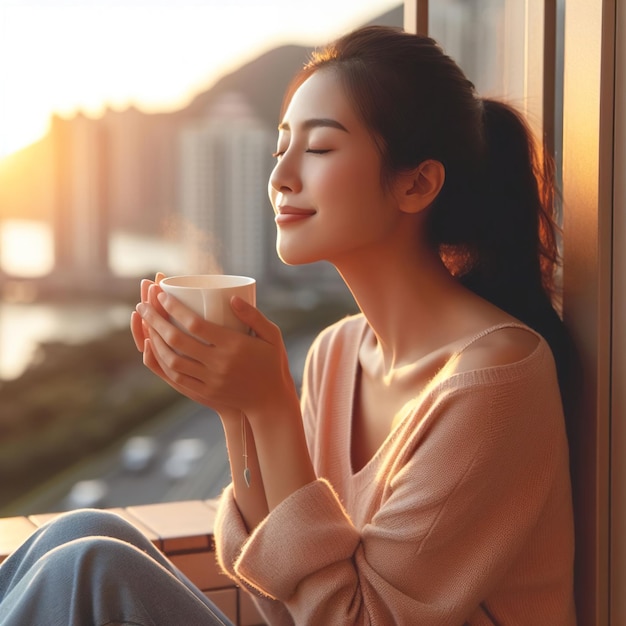 Asian woman sits on a window sill enjoy a cup of tea