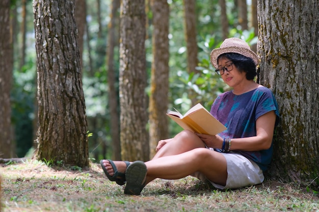 Asian woman sitting alone on the grass under a tree reading her book in the quiet pine forest