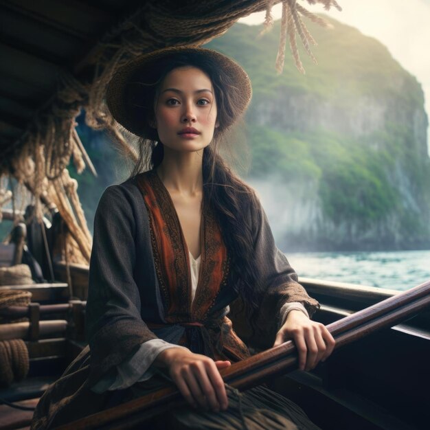 Asian woman sitting on boat on mountain lake