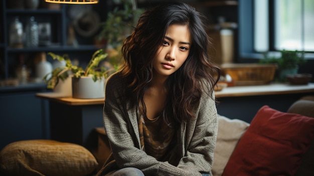 Photo asian woman sitting on chair in the dark