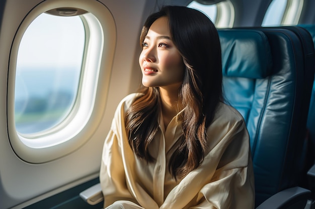 Asian woman sitting in a seat in airplane and looking out the window