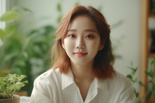 Asian woman sitting smiling in white shirt