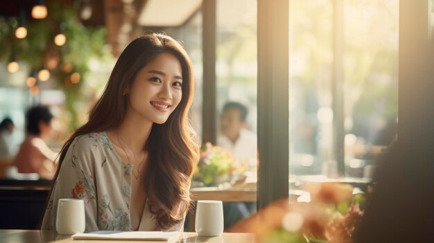 Foto donna asiatica seduta a un tavolo in un caffè