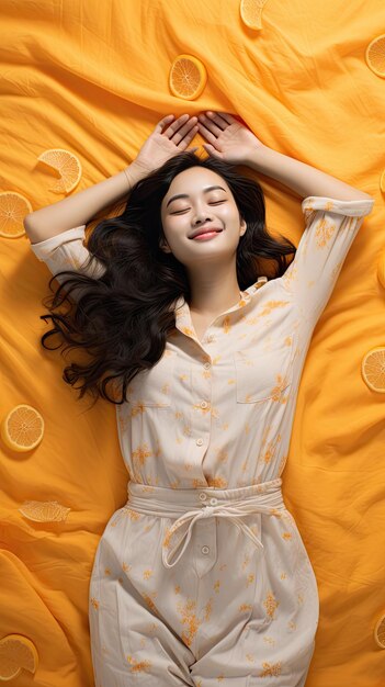 Asian woman sleeping smiling on the mattress