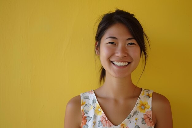 Asian woman smiling against a yellow background