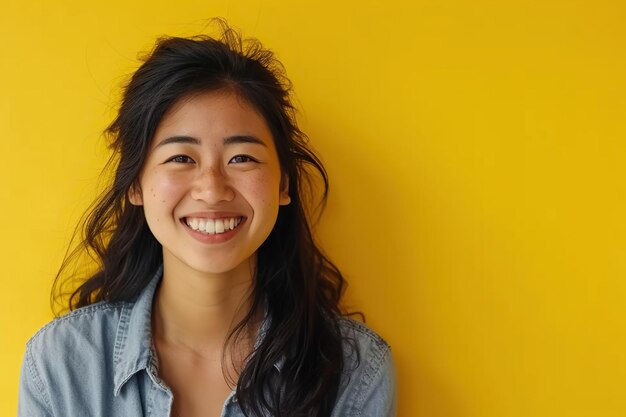 黄色い背景に笑顔を浮かべるアジア人女性