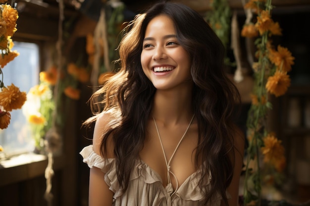 an asian woman smiling in front of flowers