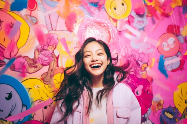An asian woman smiling in front of a pink wall