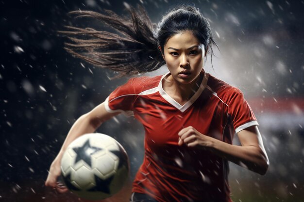 Asian woman soccer player running in the rain