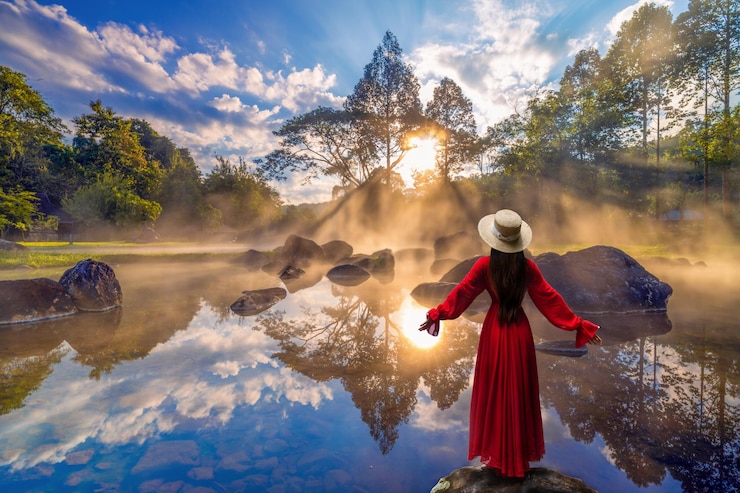 Photo asian woman stand on stone in hot springs and fog with sunlight