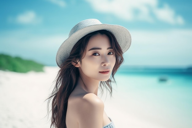 Asian woman standing on the beach wearing a hat with blue sky