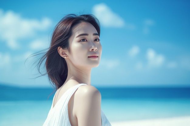 Asian woman standing on the beach with blue sky