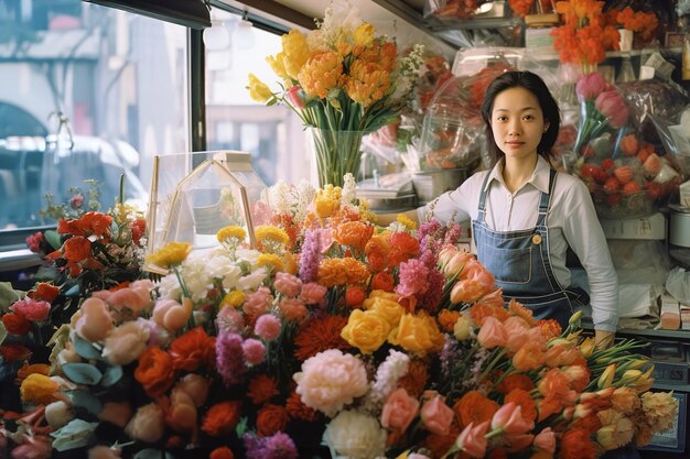 Asian woman standing in front of a flower shop cash register ans flowers on foreground