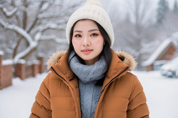 冬の雪の中に立っているアジア人女性