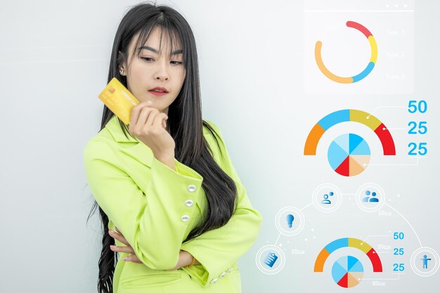 Asian woman standing and thinking idea using credit card on white background Asian woman showing presenting credit card for making payment Asian shopaholic women wearing green suit