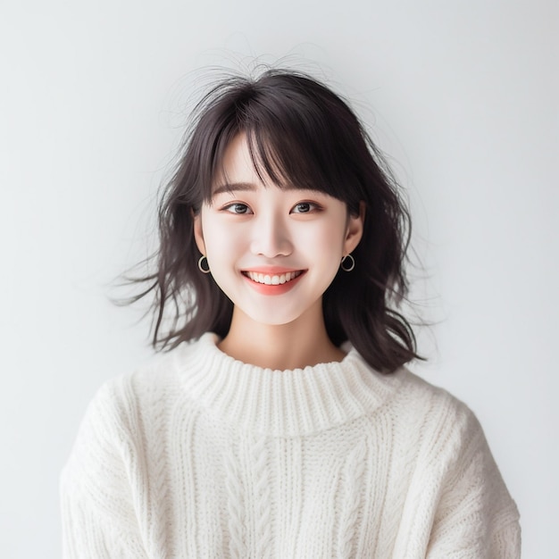 Photo asian woman stands in front of a white background with her hands on her hips