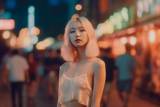 Asian woman stands in the street