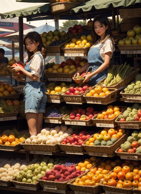 路上で地元の野菜や果物を販売するアジア人の女性