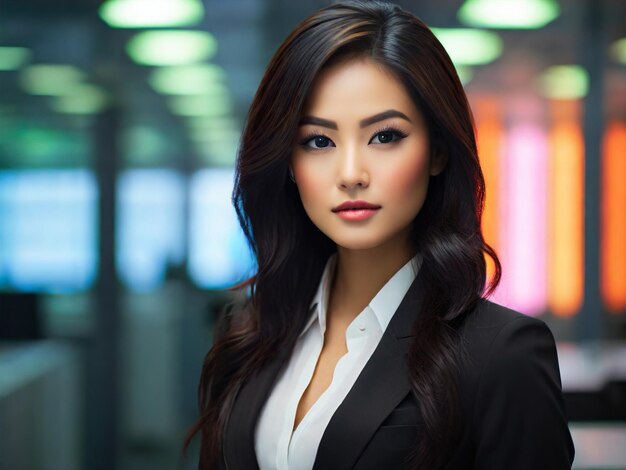 Азиатка в костюме и рубашке с черным блейзером.