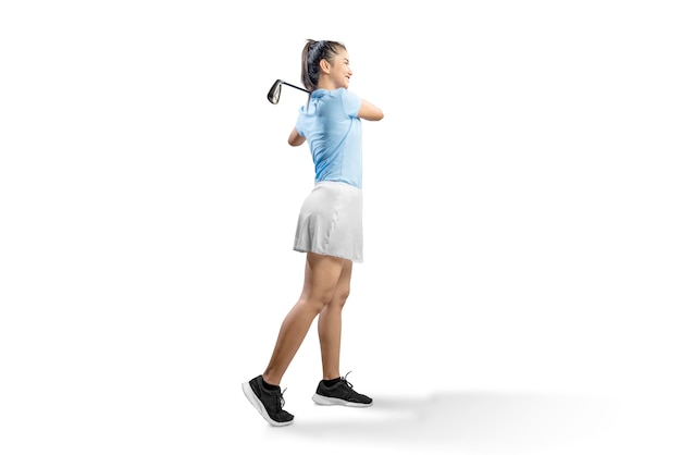 Asian woman swing the iron golf club