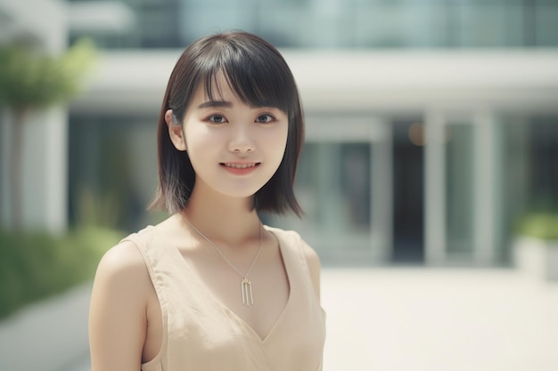 Asian woman in a tan dress stands in front of a building