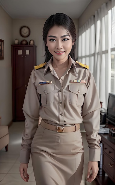 Asian woman Thai teacher at school in khaki suit uniform Generative AI